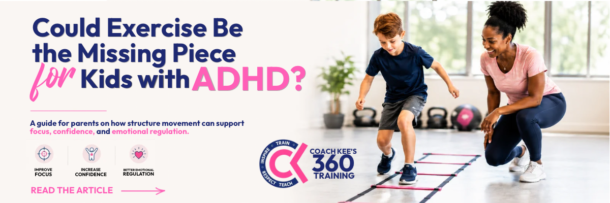 Banner promoting exercise for kids with ADHD, showing a boy doing an agility drill with a trainer in a bright gym.